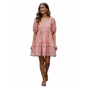 Band of the Free Smocked Dress with Puff Sleeve and Tie Waist Sz Medium Bohemian